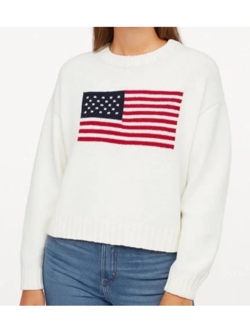 moon & madison White Crewneck Sweater with Red & Navy Flag Intarsia NWOT